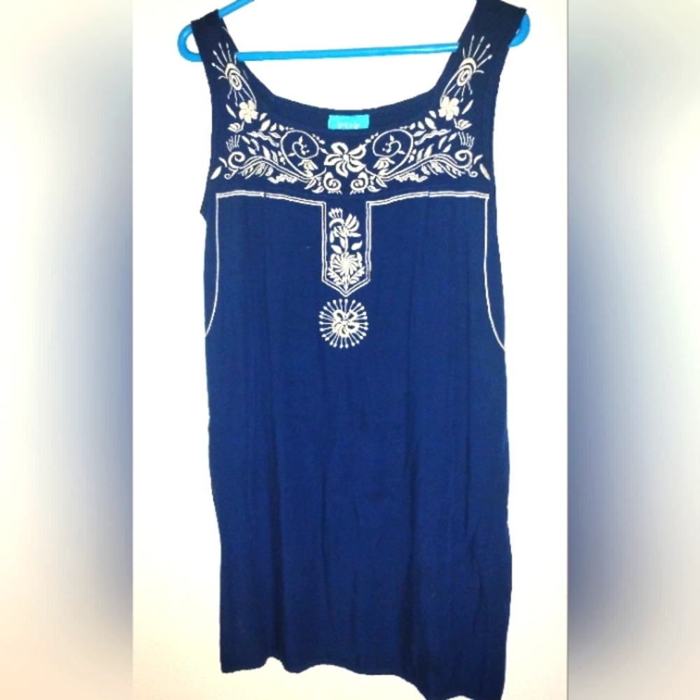 ☀️🌊Escapada Sleeveless Deep Blue Mini Dress w/ Ivory Floral Embroidery M